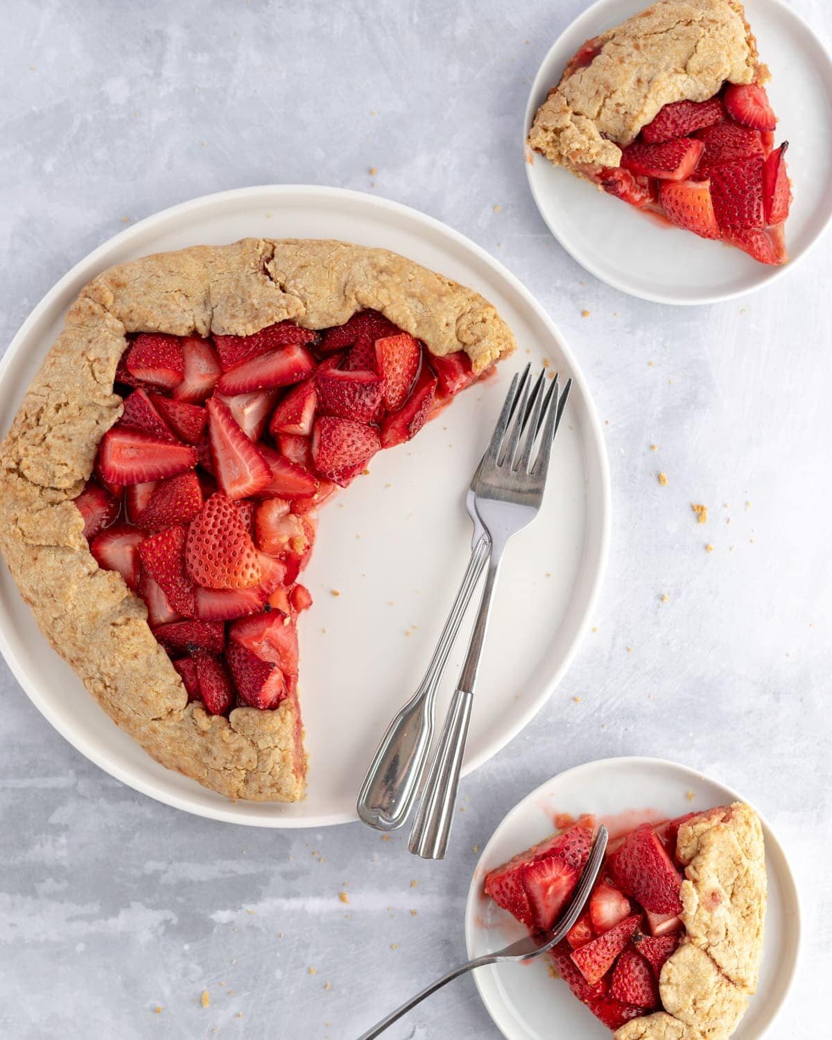 Overhead shot of the gluten free galette with two pieces removed.